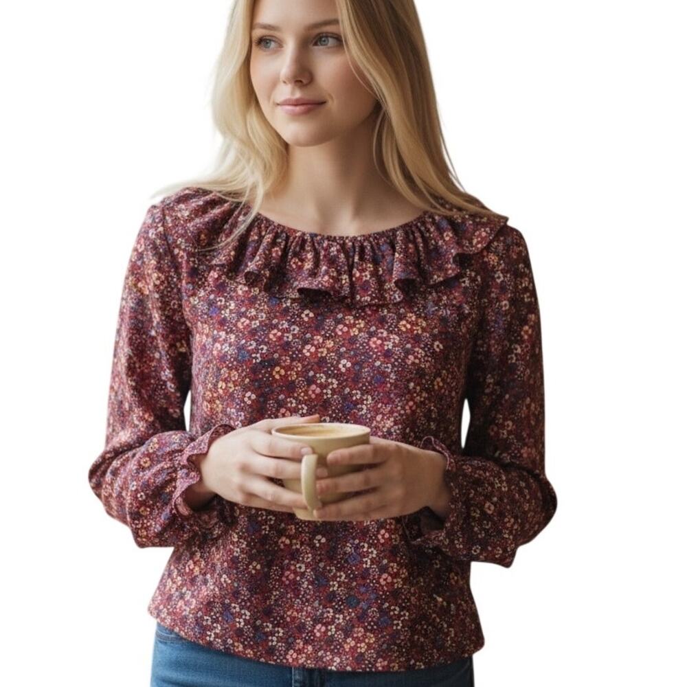 Cider Floral Flounce Top Womens Size 1XL Burgundy Ruffled Boho Cottage Blouse